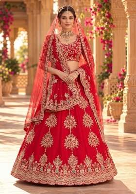 Bright Red Embroidered Raw Silk Lehenga Set with Net Dupatta