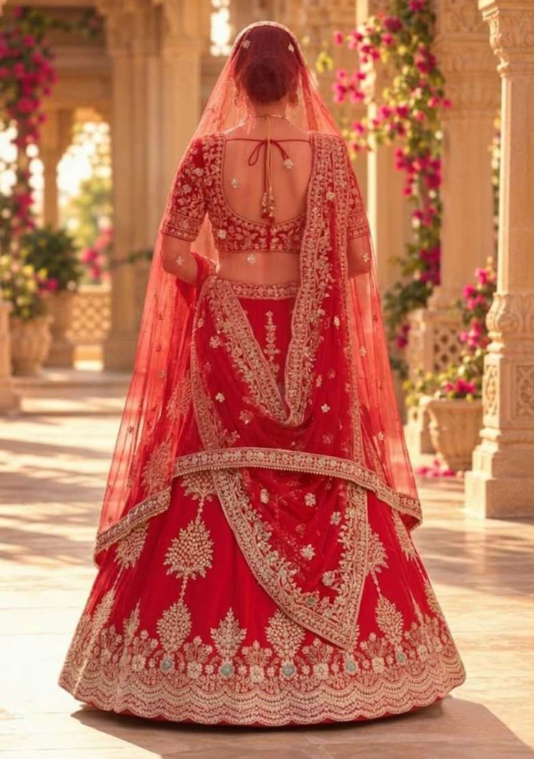 Bright Red Embroidered Raw Silk Lehenga Set with Net Dupatta - Indya