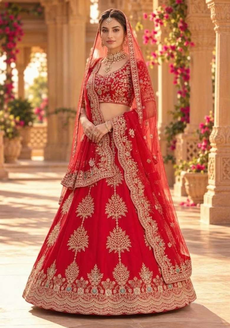 Bright Red Embroidered Raw Silk Lehenga Set with Net Dupatta - Indya