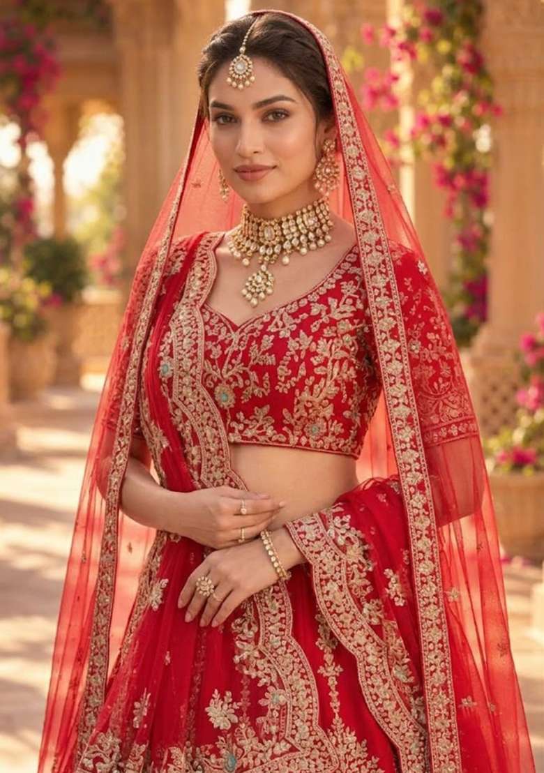 Bright Red Embroidered Raw Silk Lehenga Set with Net Dupatta - Indya