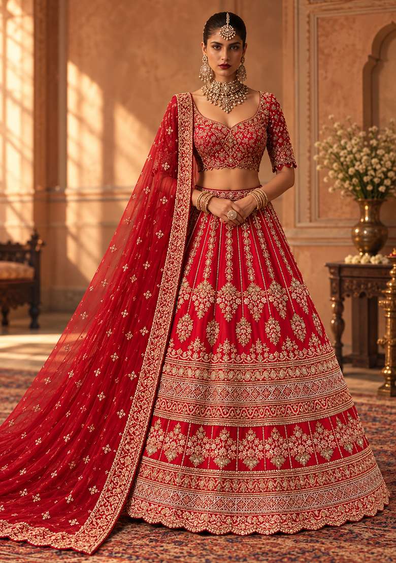 Red Embroidered Raw Silk Lehenga Set with Net Dupatta - Indya
