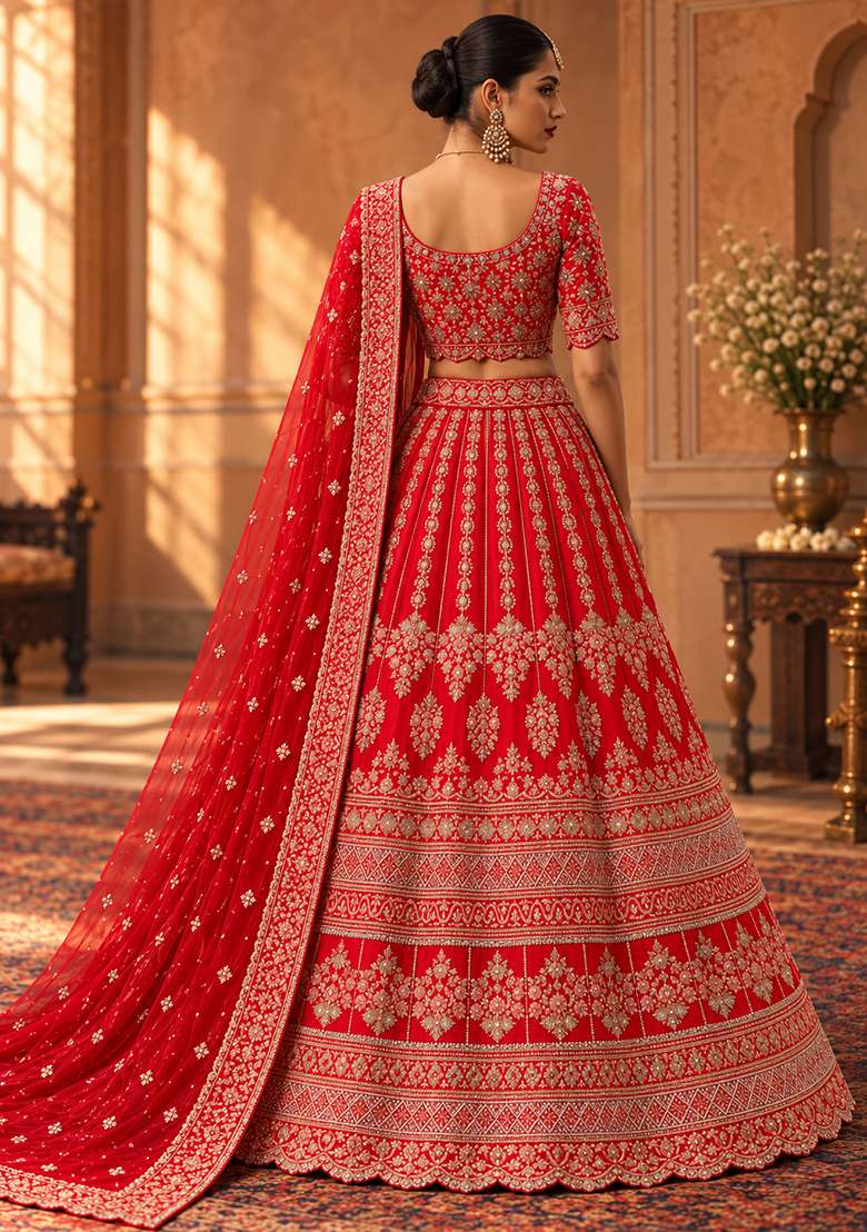 Red Embroidered Raw Silk Lehenga Set with Net Dupatta - Indya