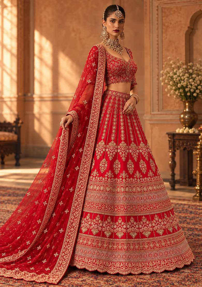 Red Embroidered Raw Silk Lehenga Set with Net Dupatta - Indya