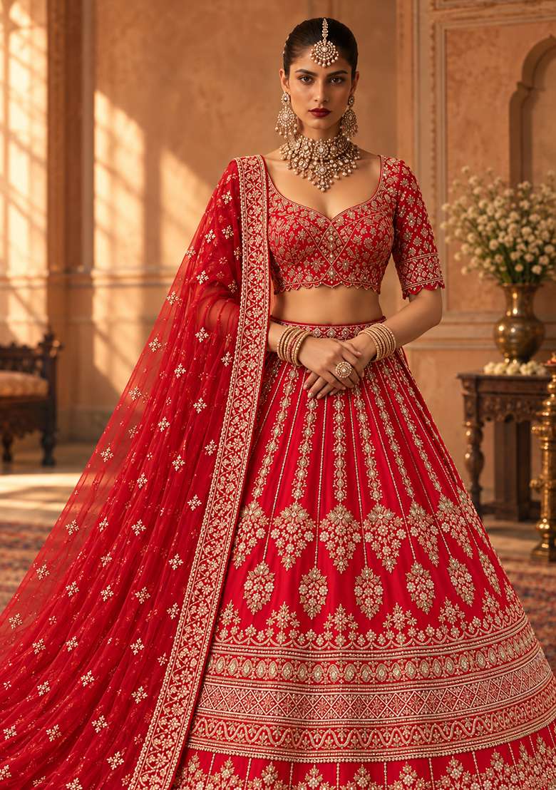 Red Embroidered Raw Silk Lehenga Set with Net Dupatta - Indya