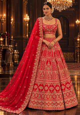 Red Embroidered Raw Silk Lehenga Set with Net Dupatta