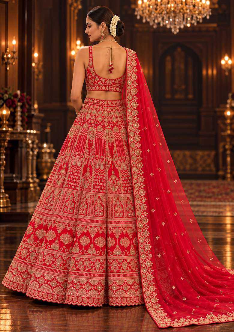 Red Embroidered Raw Silk Lehenga Set with Net Dupatta - Indya