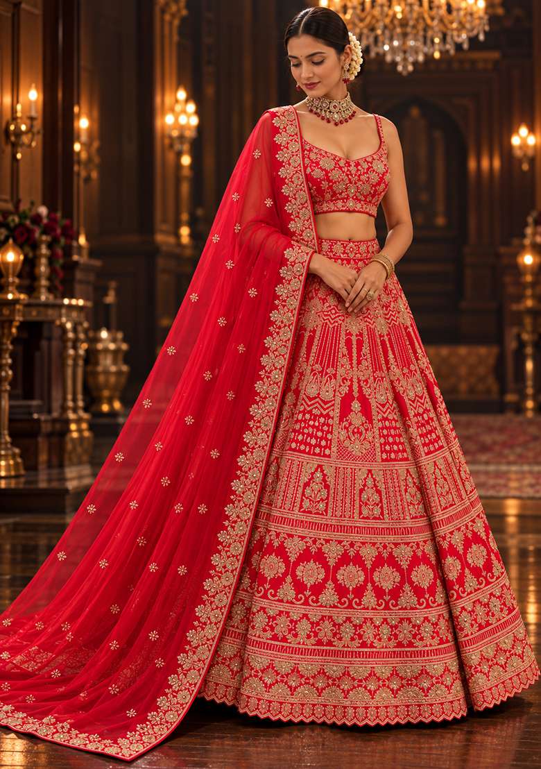 Red Embroidered Raw Silk Lehenga Set with Net Dupatta - Indya