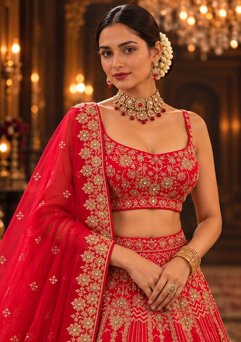 Red Embroidered Raw Silk Lehenga Set with Net Dupatta - Indya