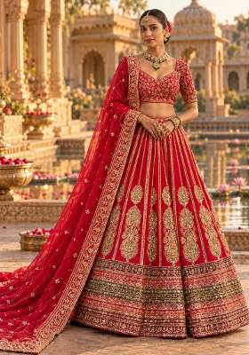 Dark Red Embroidered Raw Silk Lehenga Set with Net Dupatta