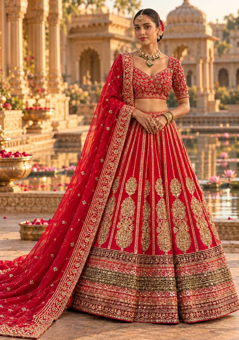 Dark Red Embroidered Raw Silk Lehenga Set with Net Dupatta - Indya