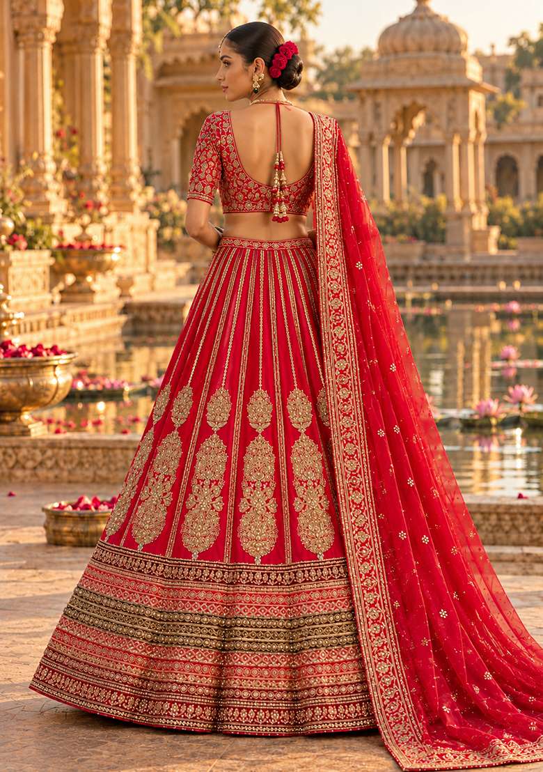 Dark Red Embroidered Raw Silk Lehenga Set with Net Dupatta - Indya