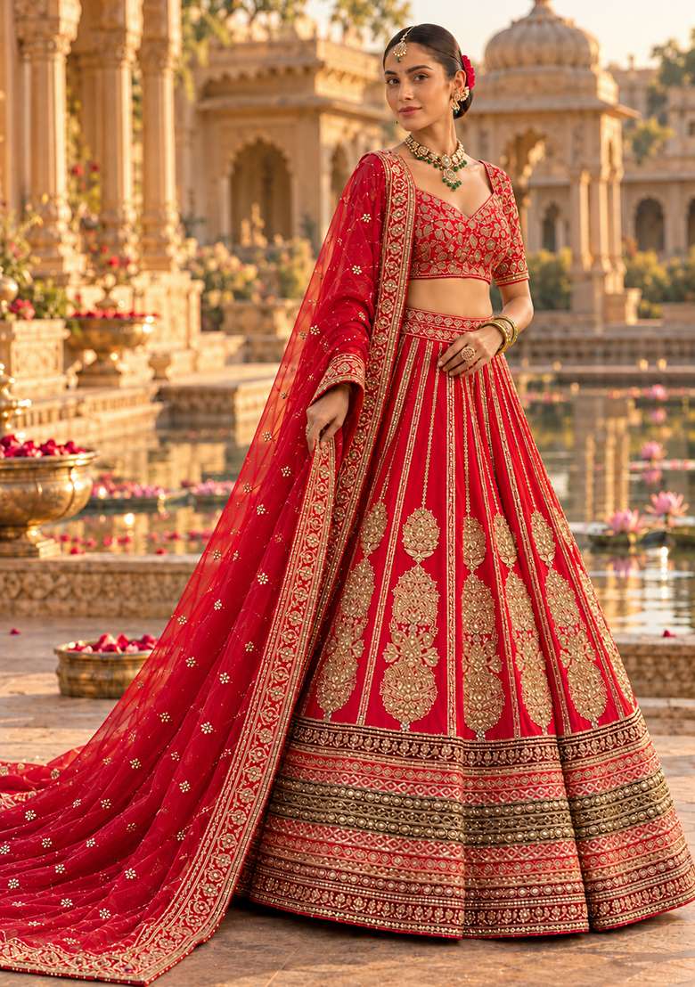 Dark Red Embroidered Raw Silk Lehenga Set with Net Dupatta - Indya