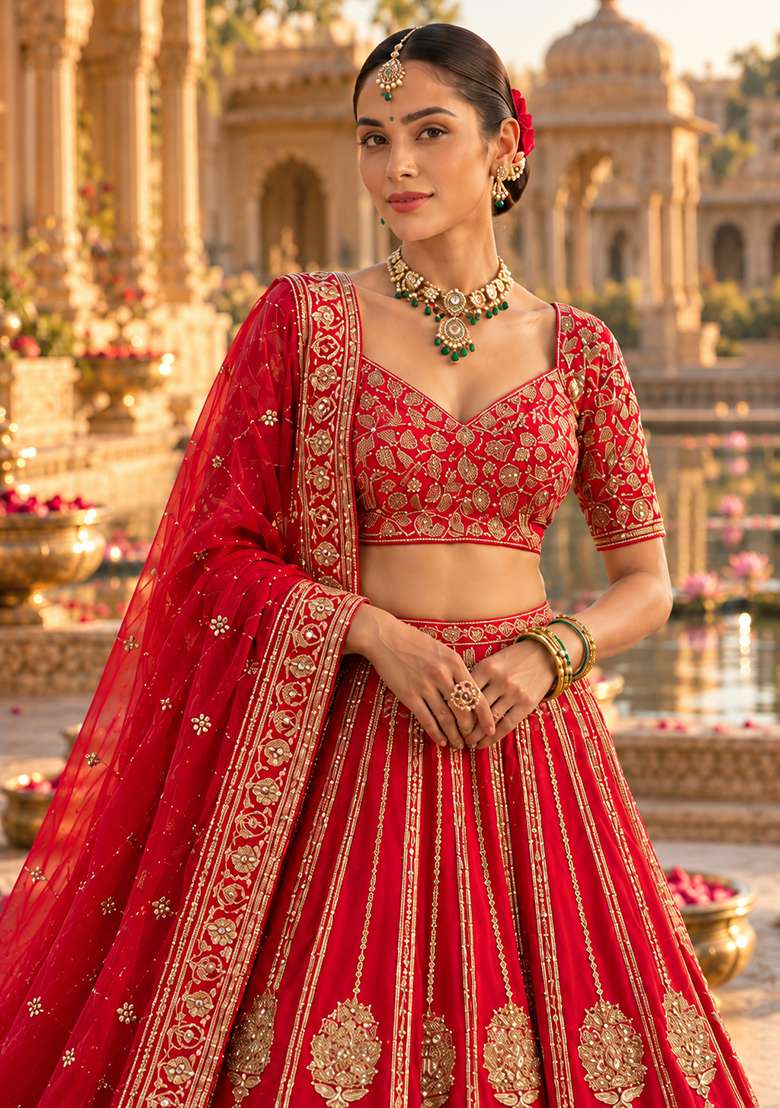Dark Red Embroidered Raw Silk Lehenga Set with Net Dupatta - Indya