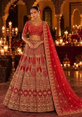 Red Embroidered Raw Silk Lehenga Set with Net Dupatta