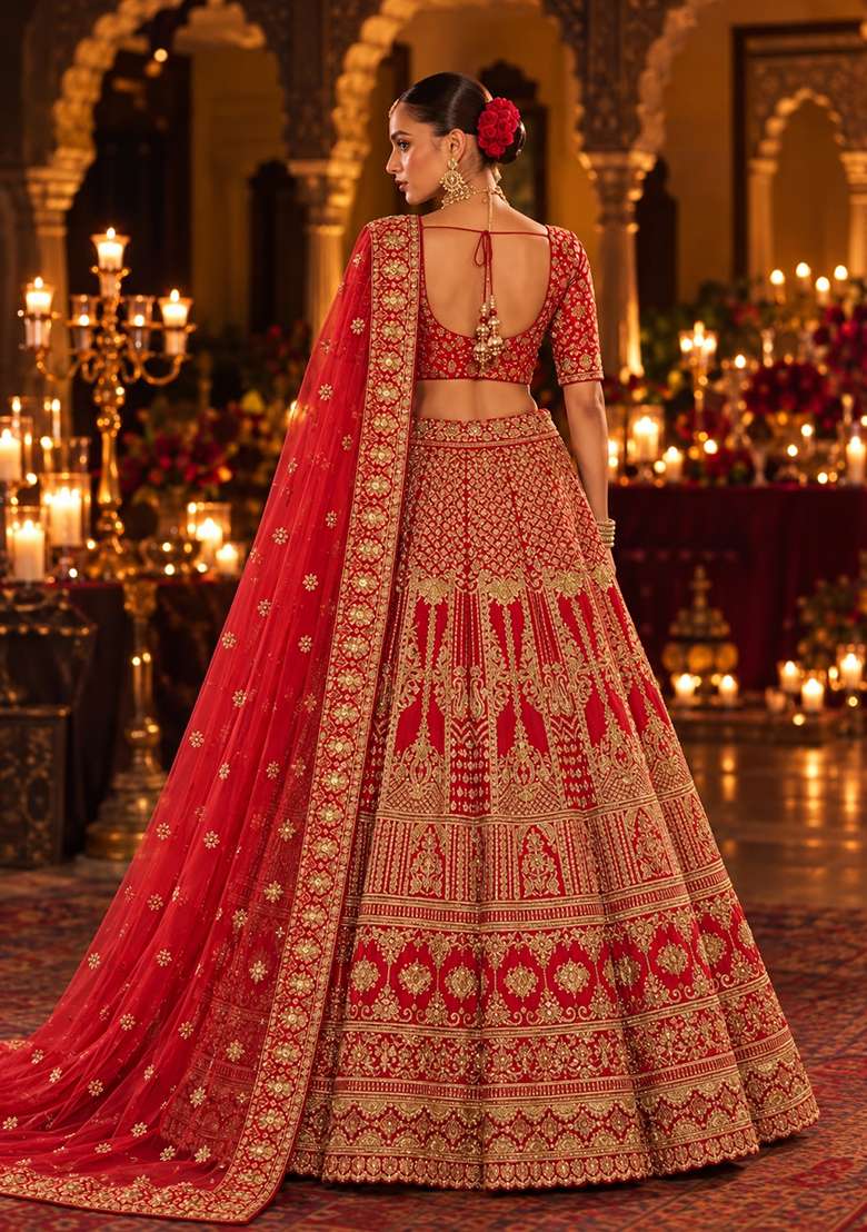 Red Embroidered Raw Silk Lehenga Set with Net Dupatta - Indya