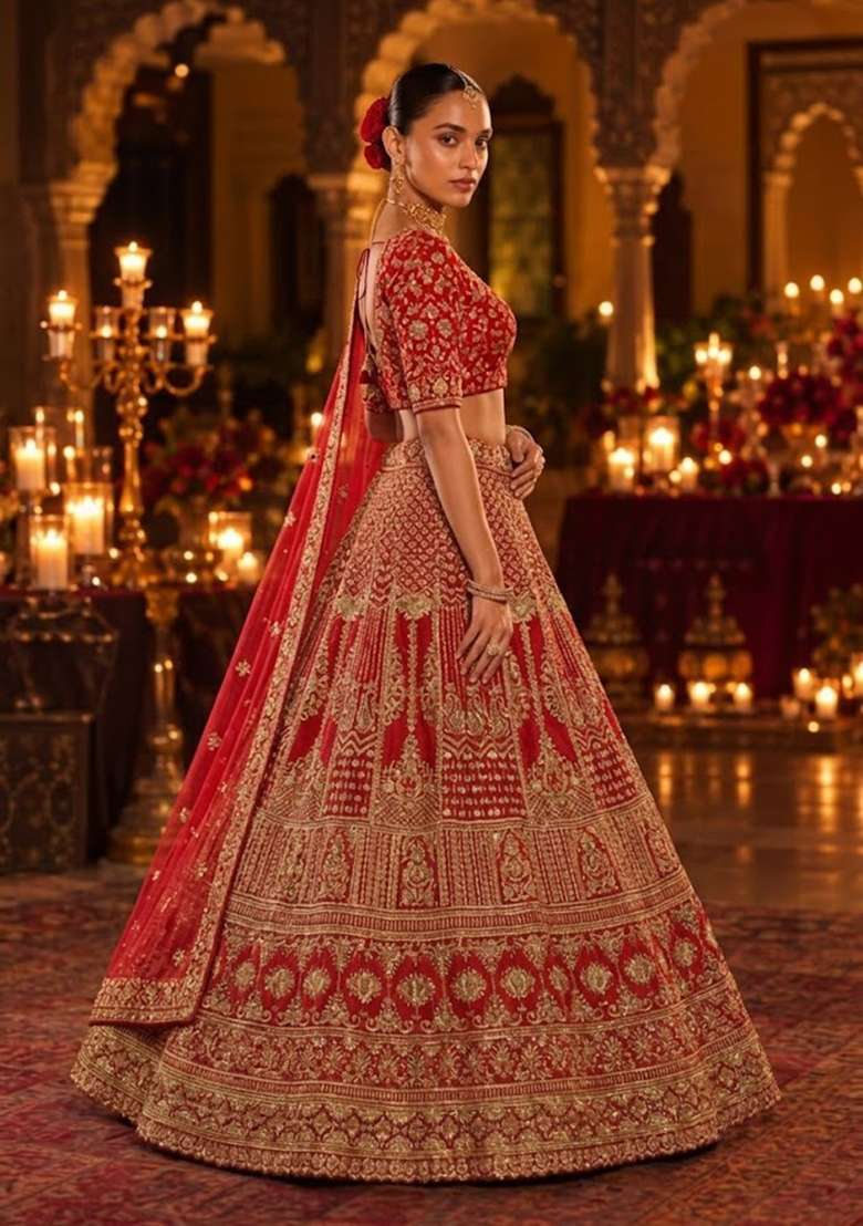 Red Embroidered Raw Silk Lehenga Set with Net Dupatta - Indya