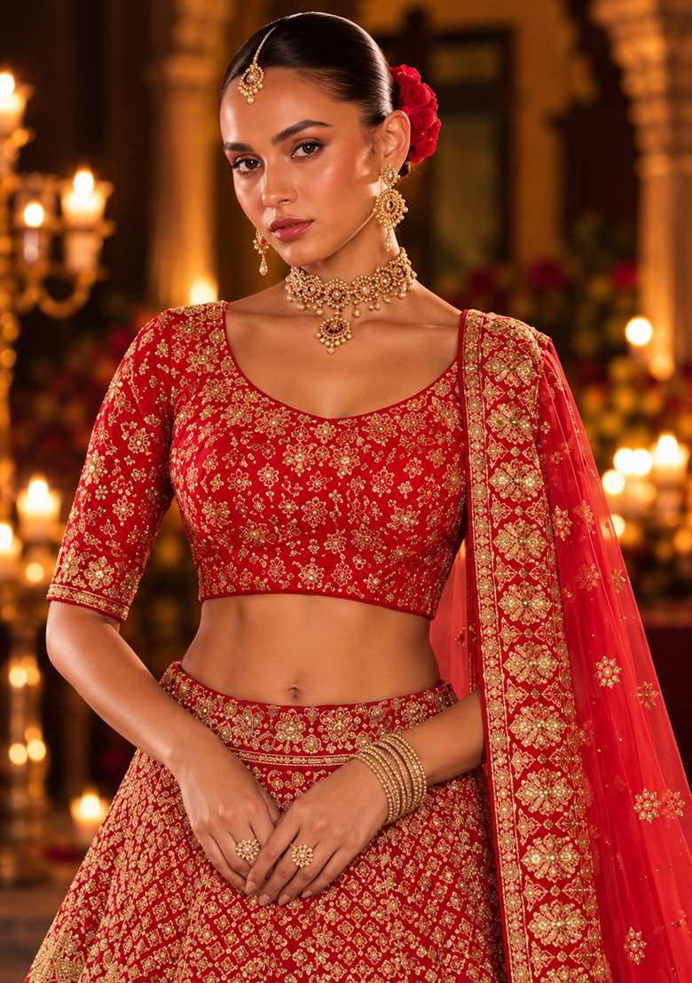 Red Embroidered Raw Silk Lehenga Set with Net Dupatta - Indya