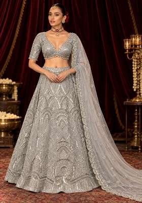 Silver Cutdana and Sequin Embellished Net Lehenga Set with Matching Dupatta