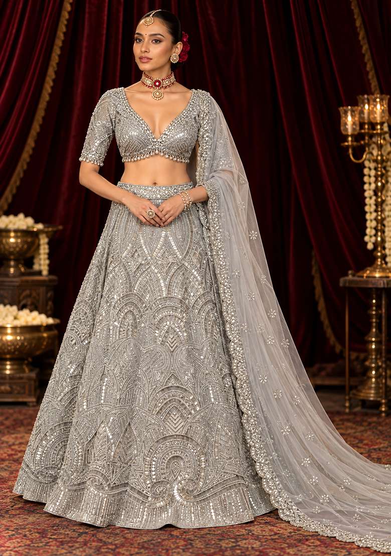 Silver Cutdana and Sequin Embellished Net Lehenga Set with Matching Dupatta - Indya