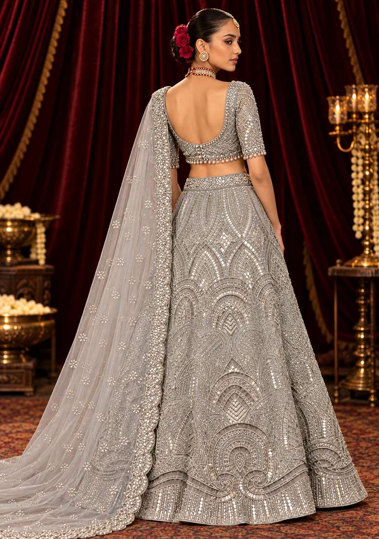 Silver Cutdana and Sequin Embellished Net Lehenga Set with Matching Dupatta - Indya