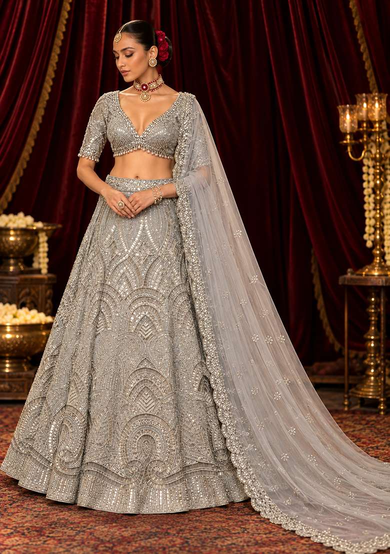 Silver Cutdana and Sequin Embellished Net Lehenga Set with Matching Dupatta - Indya