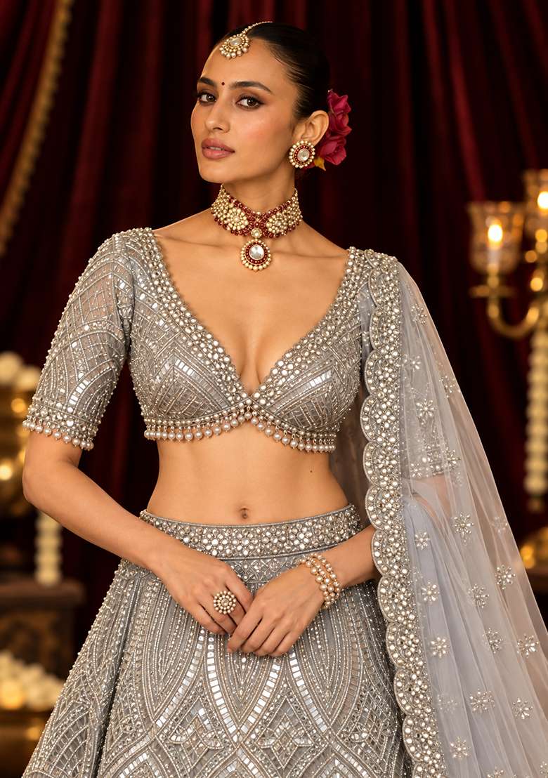 Silver Cutdana and Sequin Embellished Net Lehenga Set with Matching Dupatta - Indya
