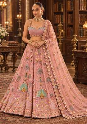 Light Pink Cutdana and Sequin Embellished Chanderi Lehenga Set with Organza Dupatta