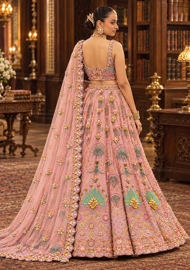 Light Pink Cutdana and Sequin Embellished Chanderi Lehenga Set with Organza Dupatta - Indya