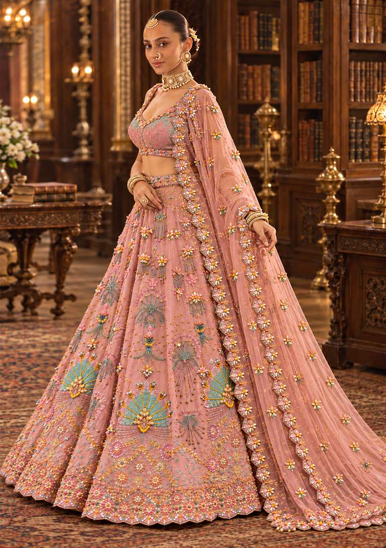 Light Pink Cutdana and Sequin Embellished Chanderi Lehenga Set with Organza Dupatta - Indya