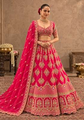 Pink Embroidered Raw Silk Lehenga Set with Net Dupatta