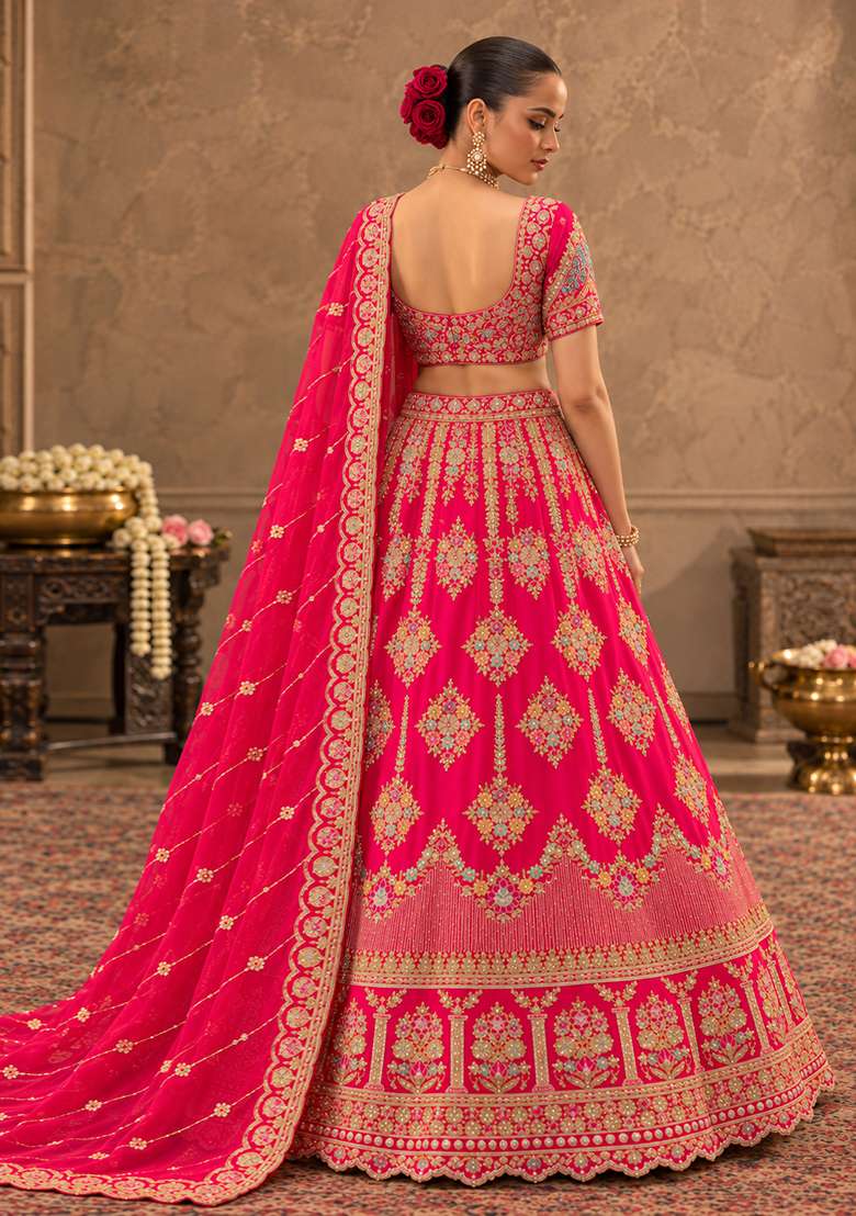 Pink Embroidered Raw Silk Lehenga Set with Net Dupatta - Indya