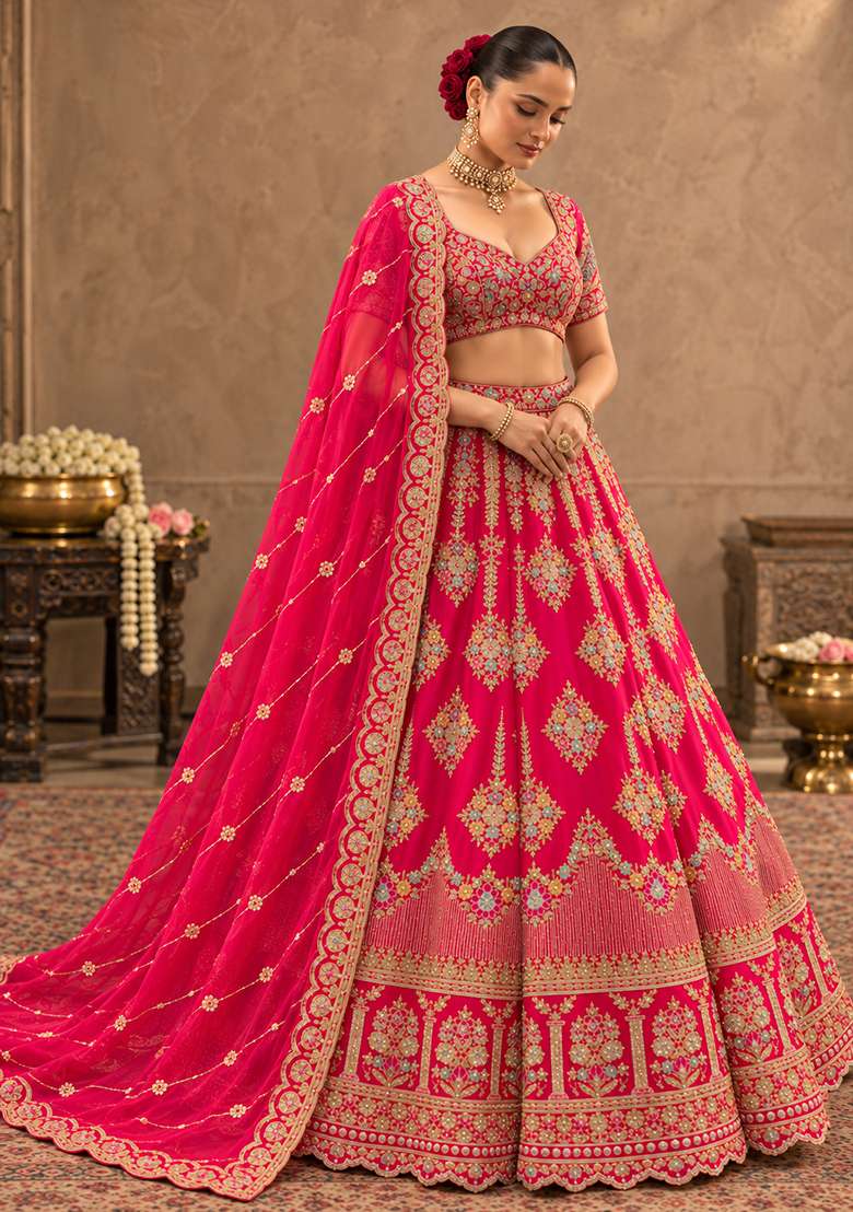 Pink Embroidered Raw Silk Lehenga Set with Net Dupatta - Indya