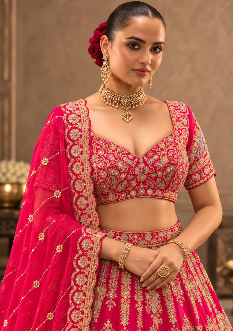 Pink Embroidered Raw Silk Lehenga Set with Net Dupatta - Indya