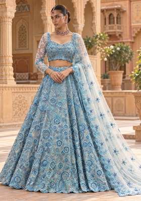 Aqua Blue Cutdana and Sequin Embellished Net Lehenga Set with Matching Dupatta