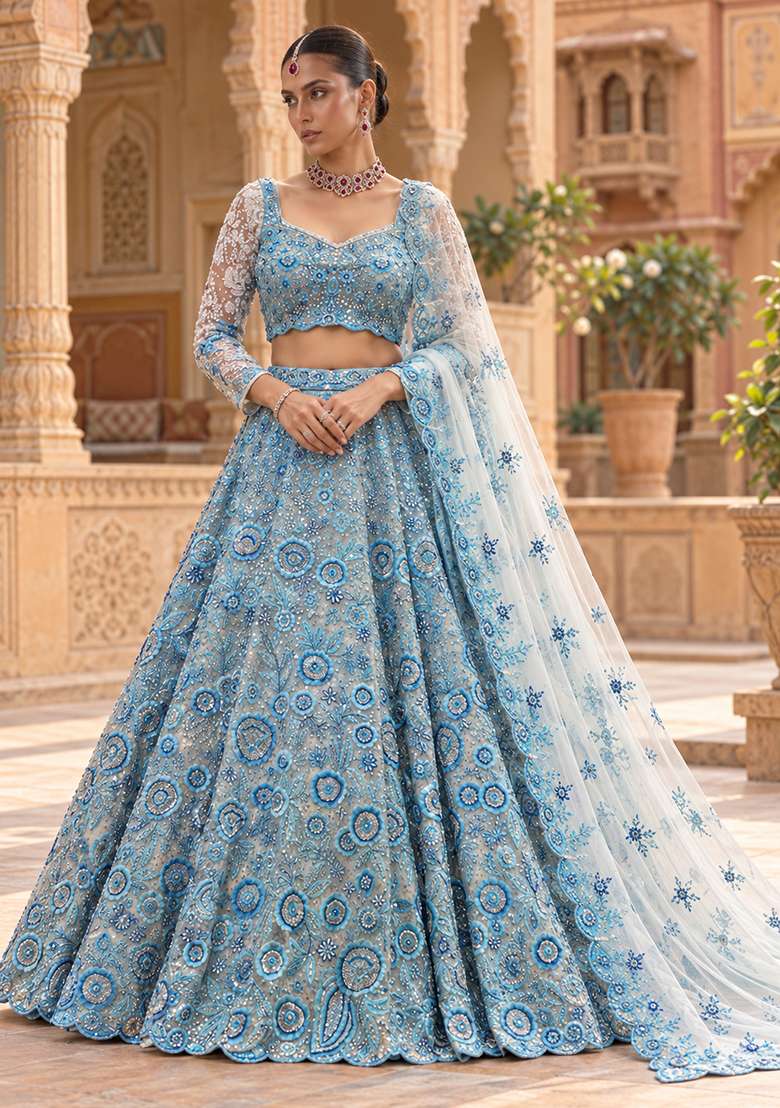 Aqua Blue Cutdana and Sequin Embellished Net Lehenga Set with Matching Dupatta - Indya