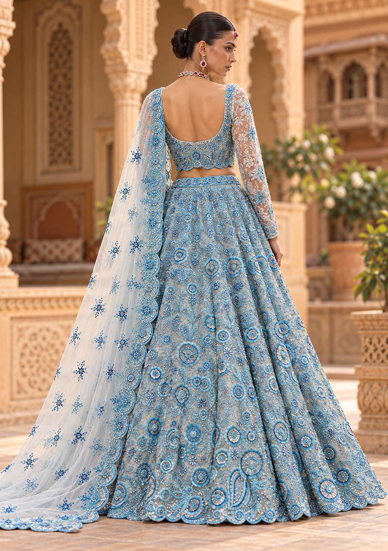 Aqua Blue Cutdana and Sequin Embellished Net Lehenga Set with Matching Dupatta - Indya