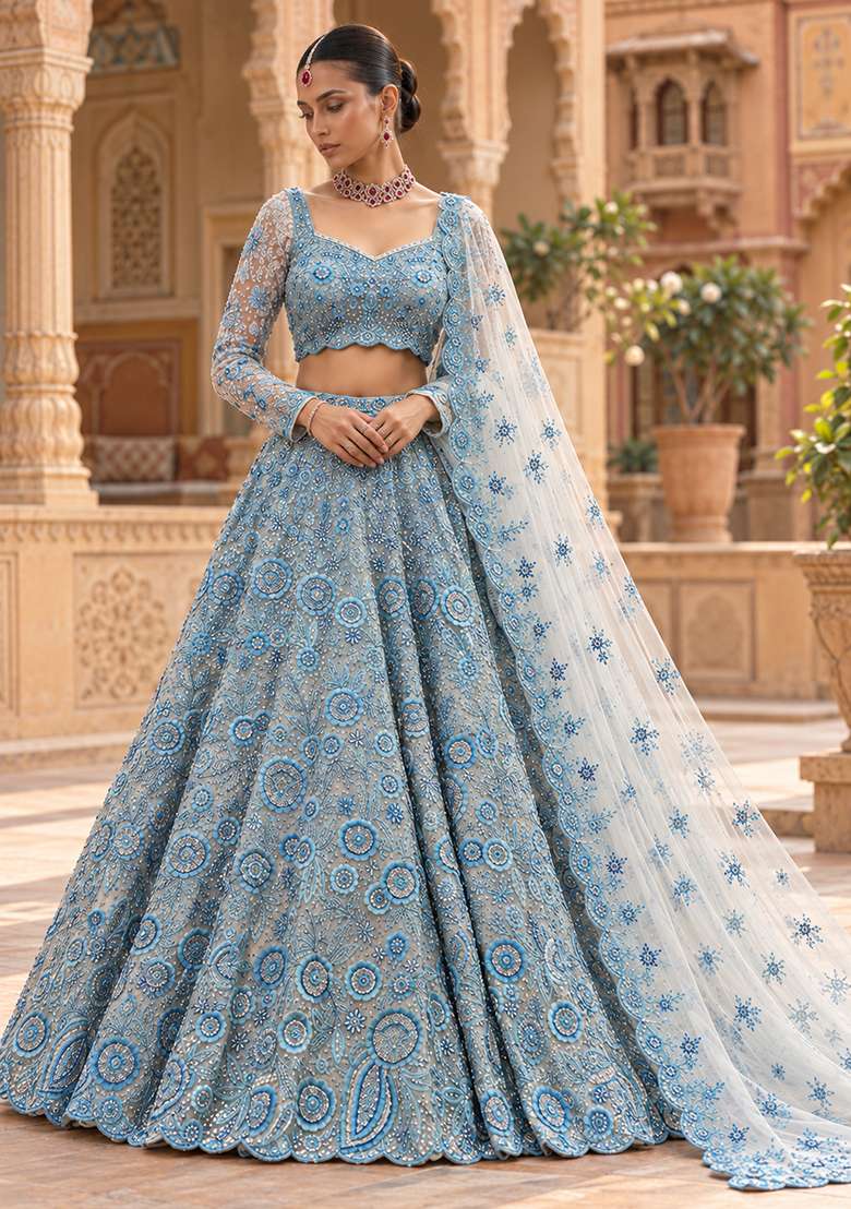 Aqua Blue Cutdana and Sequin Embellished Net Lehenga Set with Matching Dupatta - Indya