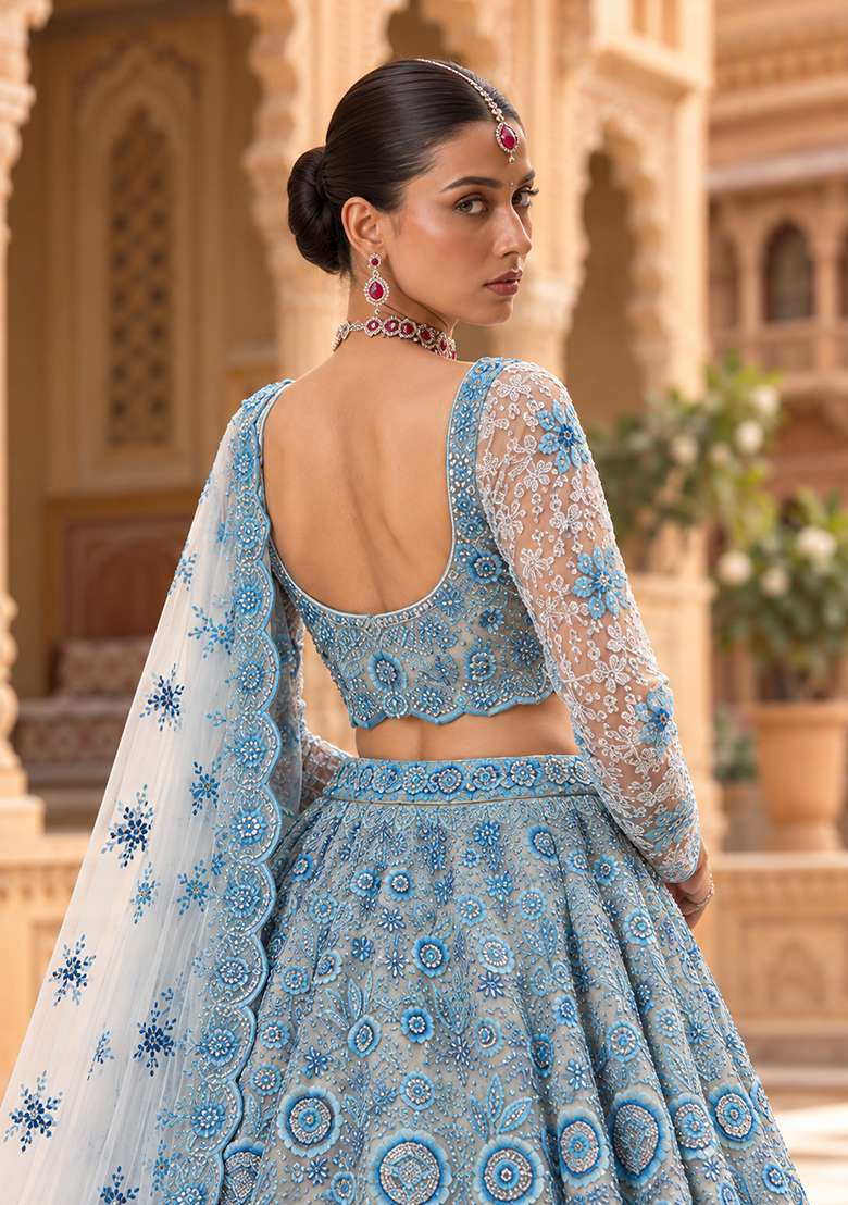 Aqua Blue Cutdana and Sequin Embellished Net Lehenga Set with Matching Dupatta - Indya
