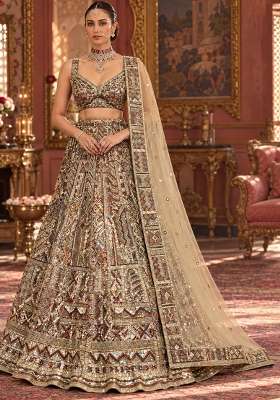 Golden Cutdana and Sequin Embellished Net Lehenga Set with Matching Dupatta