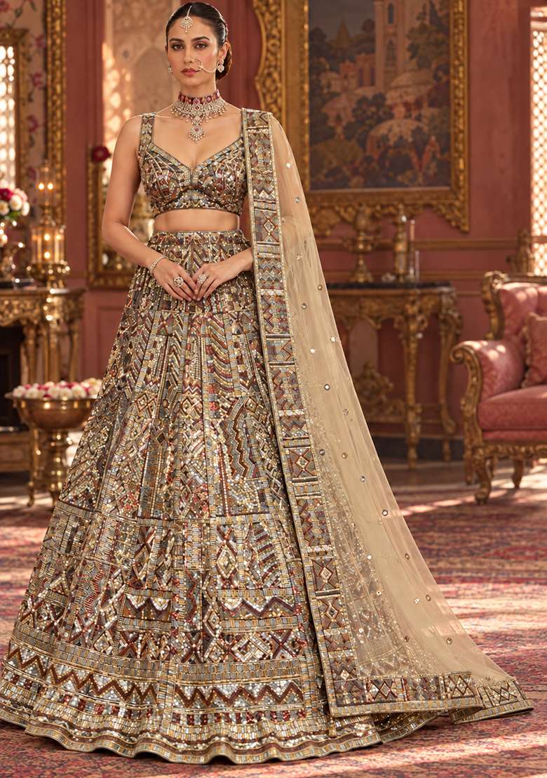 Golden Cutdana and Sequin Embellished Net Lehenga Set with Matching Dupatta - Indya