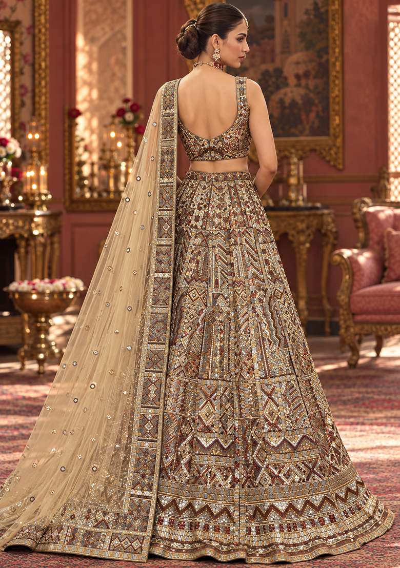 Golden Cutdana and Sequin Embellished Net Lehenga Set with Matching Dupatta - Indya