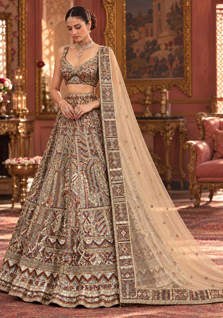 Golden Cutdana and Sequin Embellished Net Lehenga Set with Matching Dupatta - Indya
