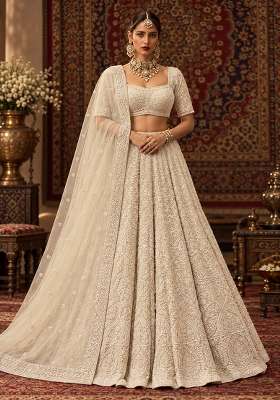 Ivory Bead and Cutdana Embellished Net Lehenga Set with Matching Dupatta