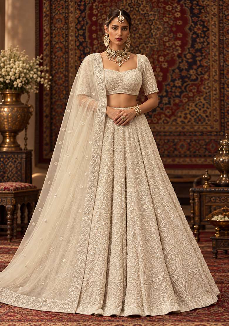 Ivory Bead and Cutdana Embellished Net Lehenga Set with Matching Dupatta - Indya