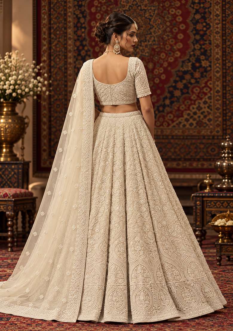 Ivory Bead and Cutdana Embellished Net Lehenga Set with Matching Dupatta - Indya
