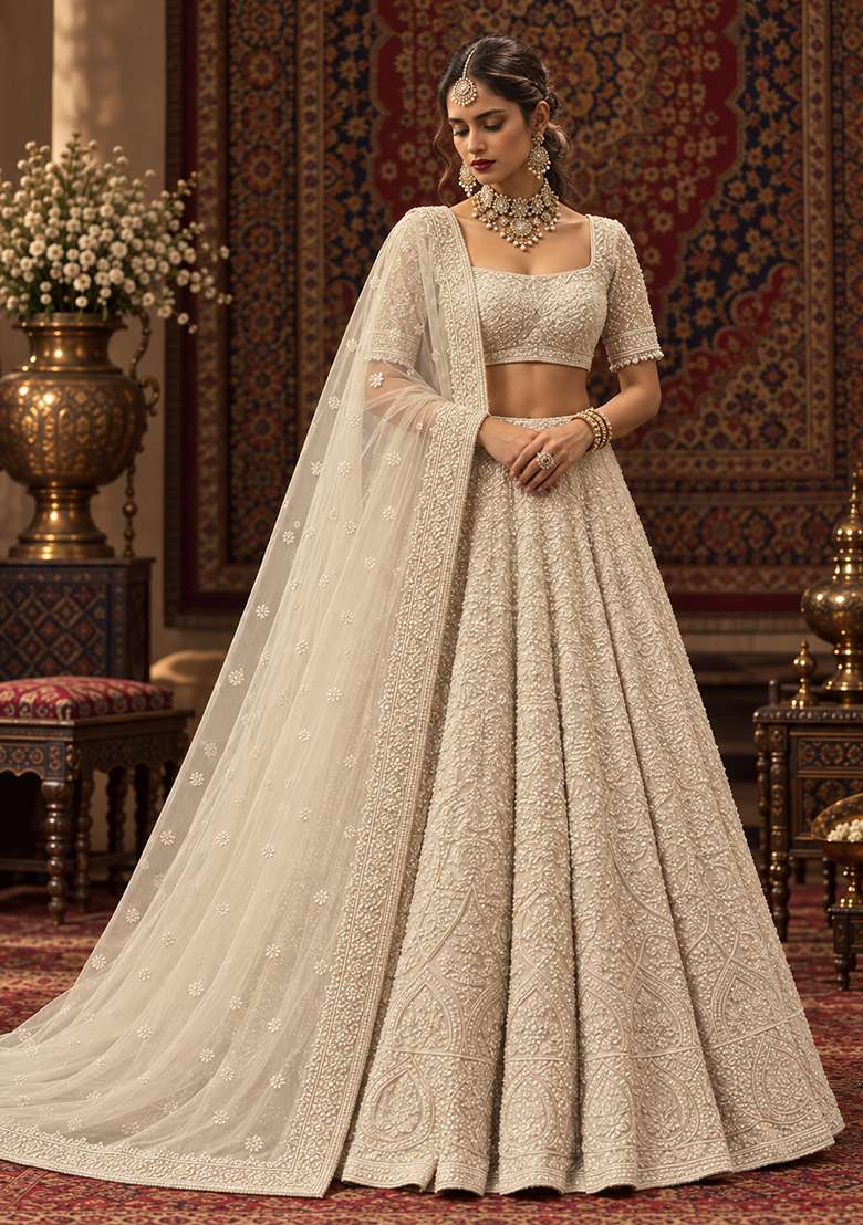 Ivory Bead and Cutdana Embellished Net Lehenga Set with Matching Dupatta - Indya