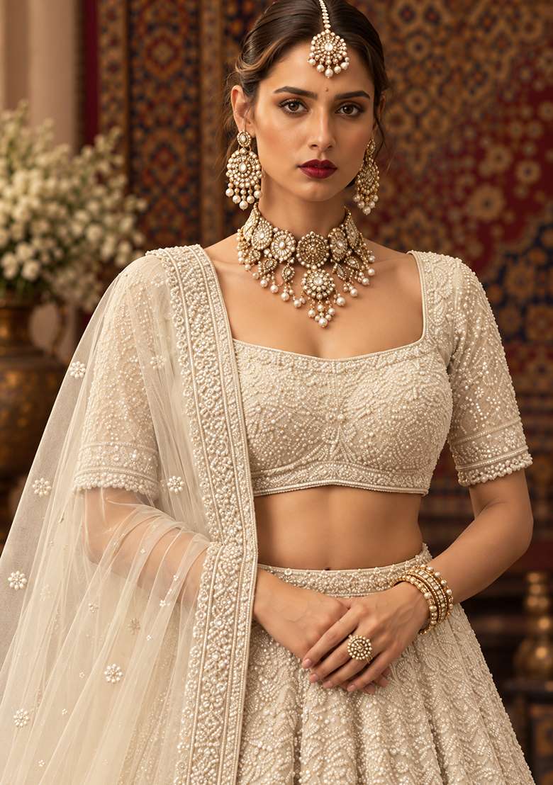 Ivory Bead and Cutdana Embellished Net Lehenga Set with Matching Dupatta - Indya