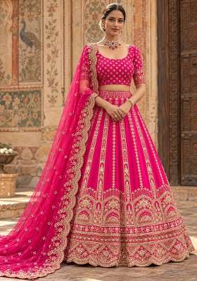 Rani Pink Embroidered Raw Silk Lehenga Set with Net Dupatta