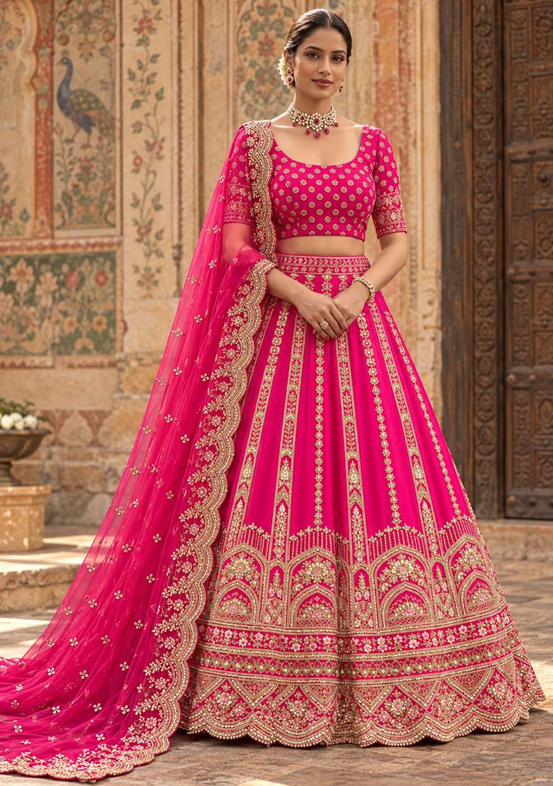 Rani Pink Embroidered Raw Silk Lehenga Set with Net Dupatta - Indya