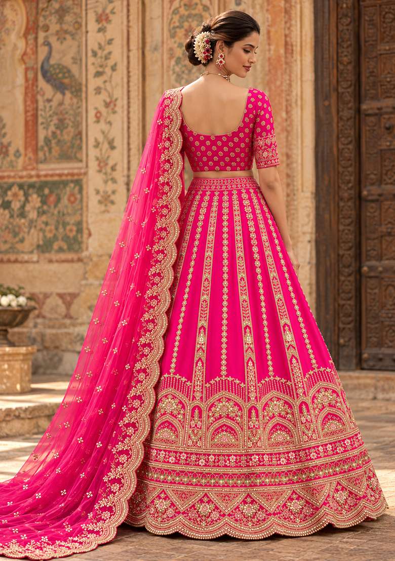 Rani Pink Embroidered Raw Silk Lehenga Set with Net Dupatta - Indya